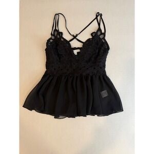 Black Lace Babydoll Cami Top Double Strap Smocked Back Small